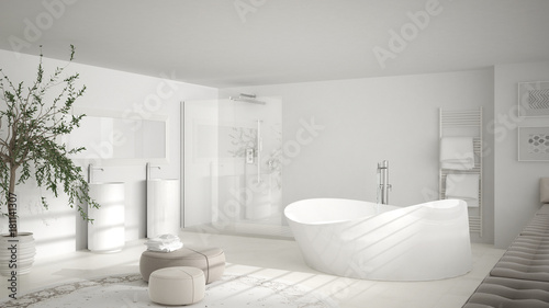 Modern classic bathroom with big round carpet  minimalistic white interior design