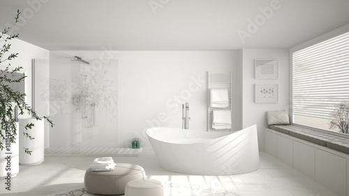 Modern classic bathroom with big round carpet, large panoramic window, minimalistic white and gray interior design