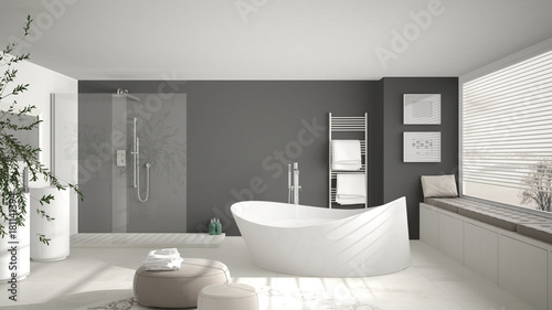 Modern classic bathroom with big round carpet  large panoramic window  minimalistic white and gray interior design