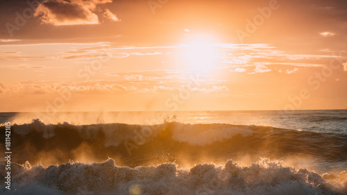 Sun Shining Over Horizon At Sunset Or Sunrise. Evening Sea. Ocea