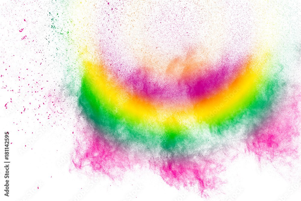 Abstract multicolored powder splatter on black background,Freeze motion of color powder splash. Color dust explosion on background.