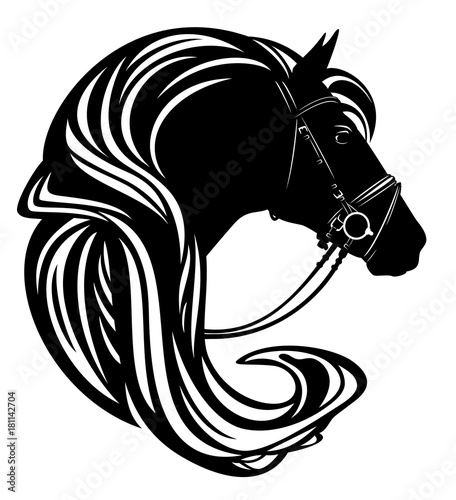 horse head with harness and long mane profile portrait - black and white vector design