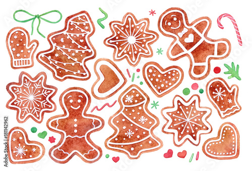 Obraz na płótnie Gingerbread cookies Christmas watercolor set w salonie