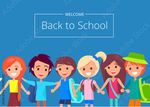 Welcome Back to School Banner with Kids Vector