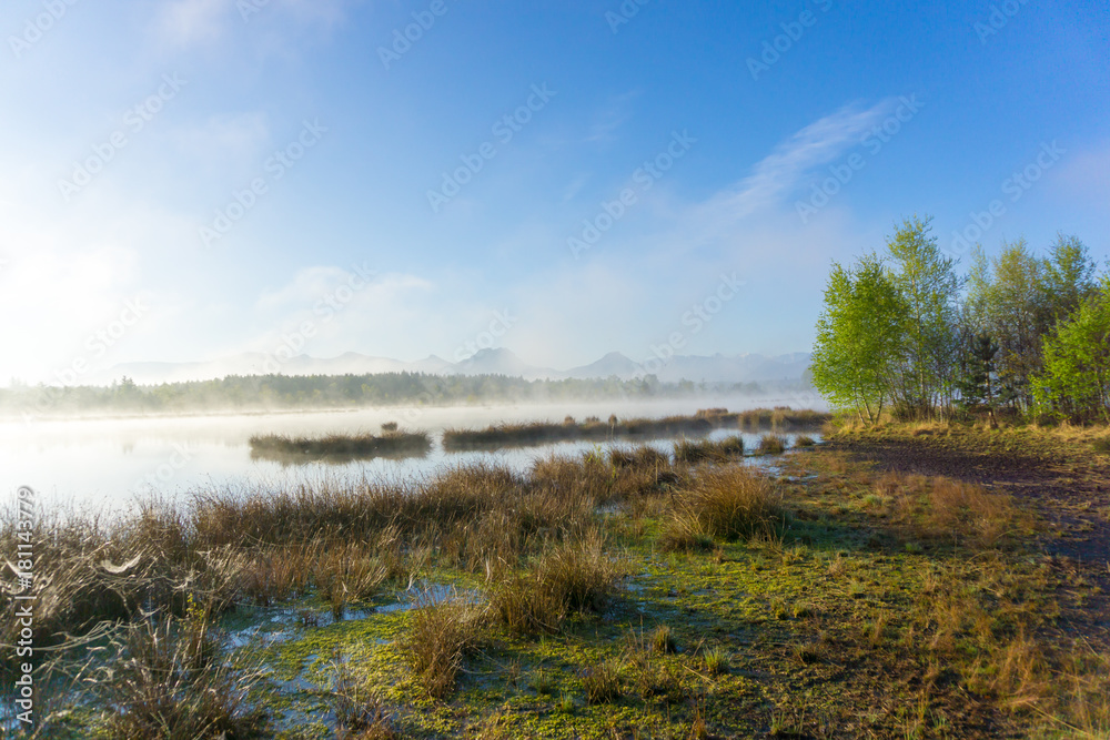 Epic landscape photo with morning fog in a moorland area in the mountains of the Bavarian Alps Epic landscape photo with morning fog in a moorland area in the mountains of the Bavarian Alps