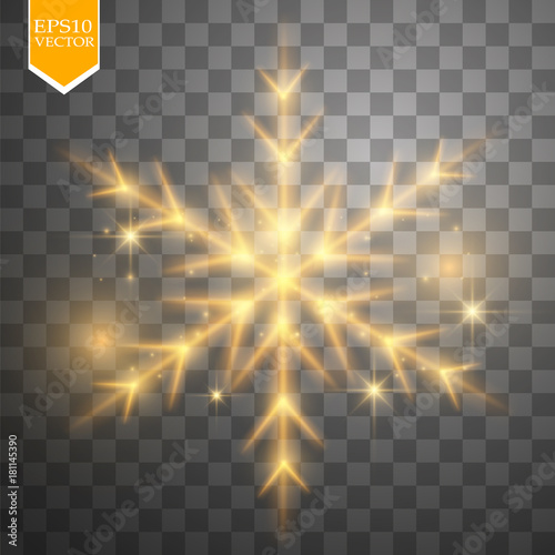 Shine gold snowflake with glitter isolated on transparent background. Christmas decoration with shining sparkling light effect. Vector