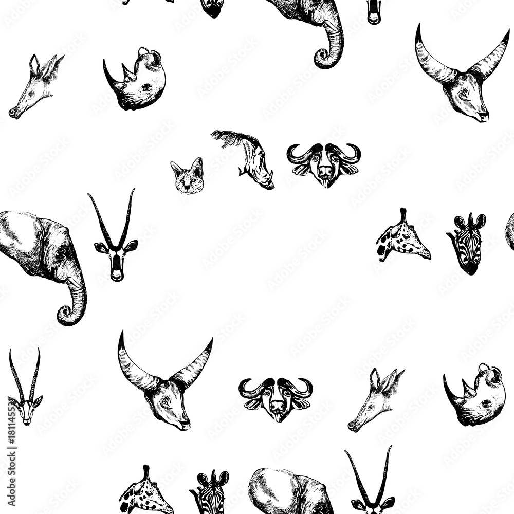 Seamless pattern of hand drawn sketch style African animals. Vector illustration isolated on white background.
