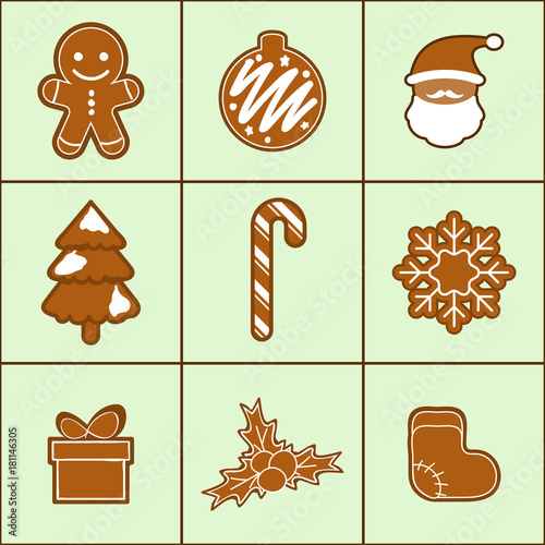 Ginger bread Christmas theme icon set vector EPX 10...the following items are : 1.Ginger cookie 2.ornament 3.santa 4.tree 5.candy 6.snoeflake 7.gift 8.flower 9. sock