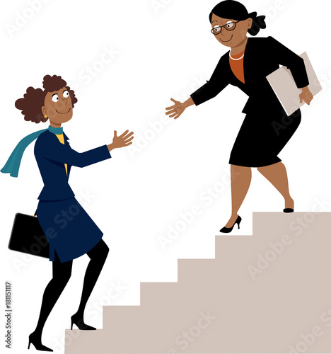 Mature african-american business woman offering a hand to a young protegee, going upstairs, as a metaphor for mentorship or hiring, EPS 8 vector illustration