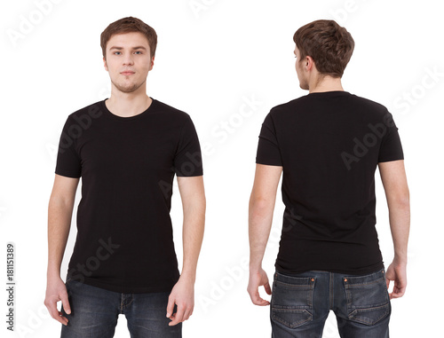 Close up of man in blank black and white t-shirt isolated on white. Mock up
