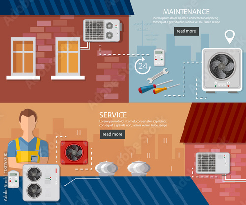 Split system check ventilation systems. Installation of air conditioners service banner. Air conditioner installment and air conditioning repair