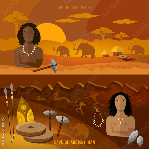 Stone age banner. Neolithic, paleolith, mesolith, beginning of a civilization. Caveman art. Neanderthal man in a cave, hunting for mammoth, prehistoric tool