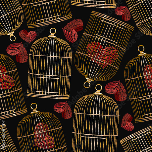 Embroidery bird's cages and hearts. Symbol of love, passion. Red hearts in gold cages. Fashionable clothes, t-shirt design.  Clothes, t-shirt textile design template