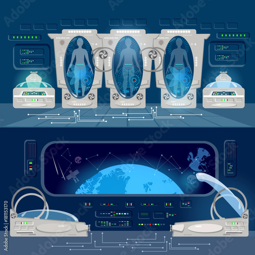 Technologies of future, colonization of Universe. Astronauts in cryogenic cameras, deep space interior of interstellar ship. Space travel to other planets banner