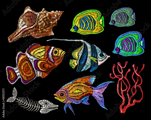 Embroidery sea life collection. Sea shells, corals, tropical fishes. Fashionable clothes. Classical embroidery tropical sea, wave, fishes, corals, shells. Fashionable template for design of clothes