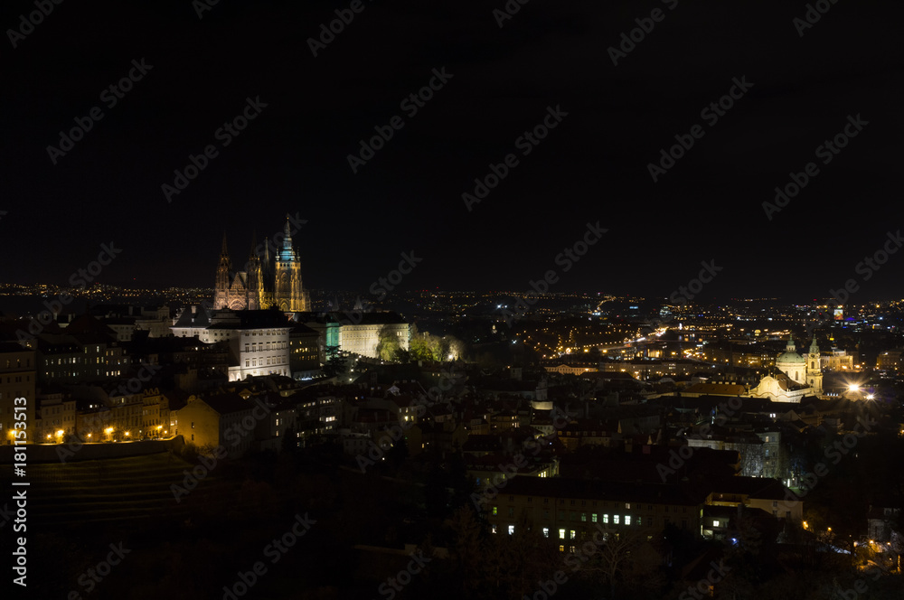 Prague, Czech Republic / Czechia - historical center of the city at night. Landmarks and monuments are lit by light. Dark town.