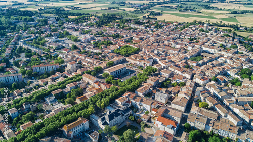 Fototapeta Naklejka Na Ścianę i Meble -  Aerial top view of residential area houses roofs and streets from above, old medieval town background, France
