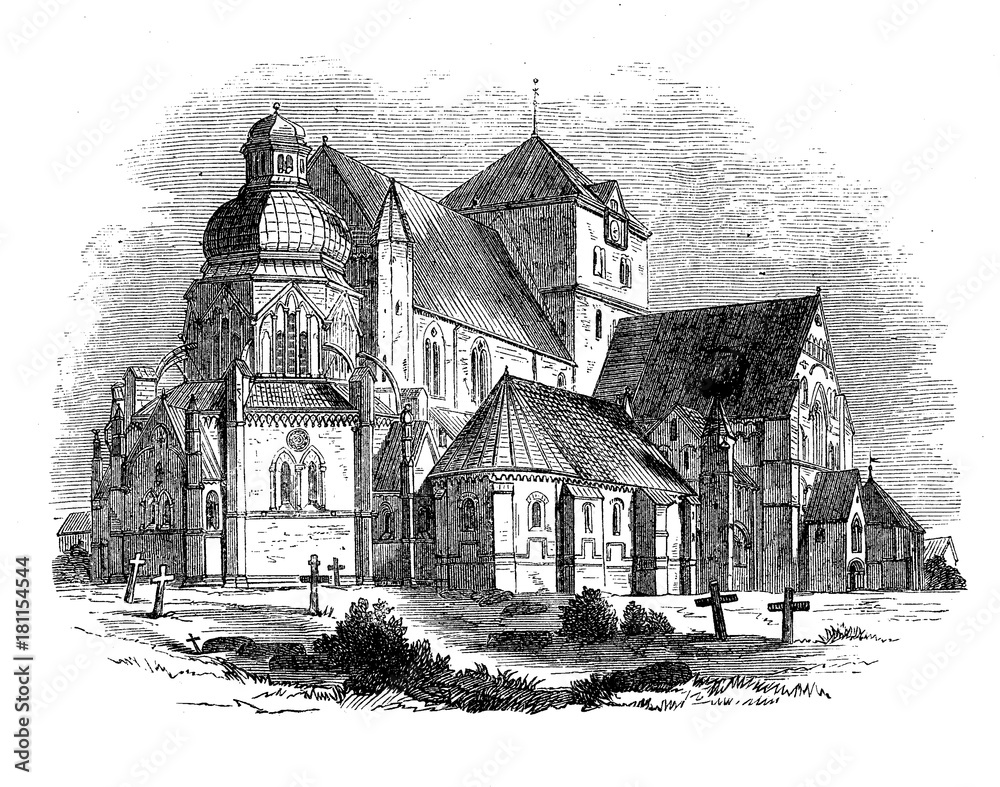 Nidaros medieval Cathedral, Trondheim, Norway in Romanesque and Gothic style, engraving of XIX century