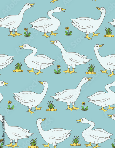 Goose gander fram birds doodle vintage seamless vector pattern