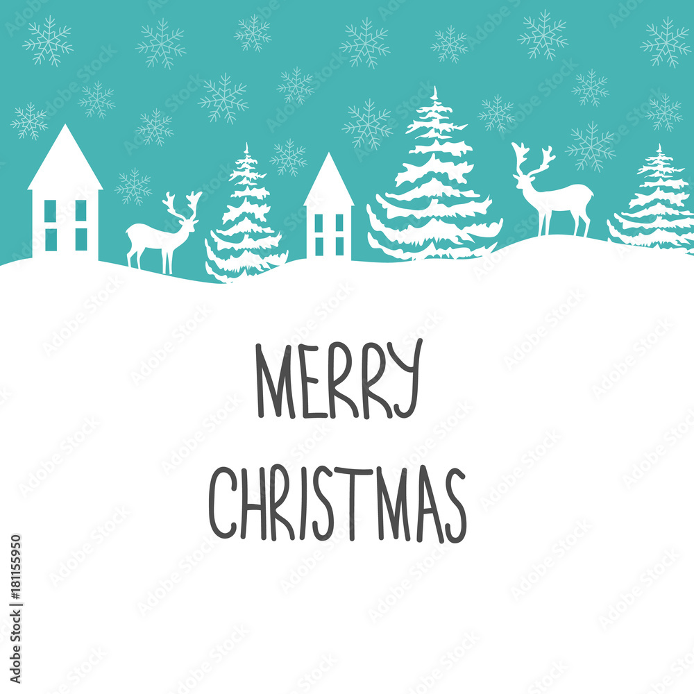 Merry Christmas Greeting Card. White Reindeer Fir Trees Snow Flakes Houses on Blue Background. Decorative Frame. Hand Lettering in English. Template Poster Banner