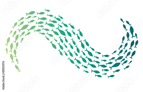 Colored silhouettes of groups of sea fishes. Colony of small fish. Icon with river taxers. Logo fish.