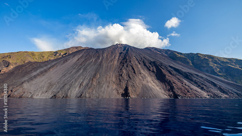 Wide angle view of the north side of active volcano Stromboli  Italy  with Sciara del Fuoco photographed from a boat.