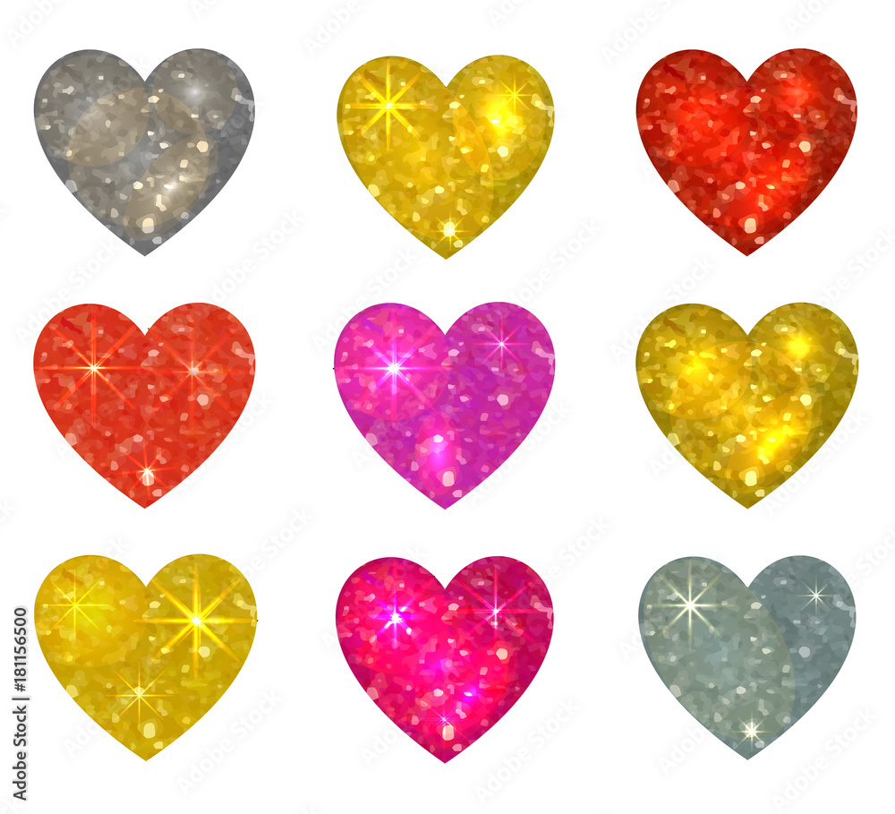 Set of glittering hearts isolated on white. VECTOR illustration