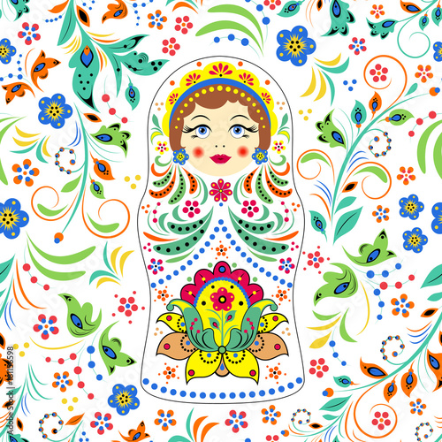 russian doll matryoshka and abstract flowers