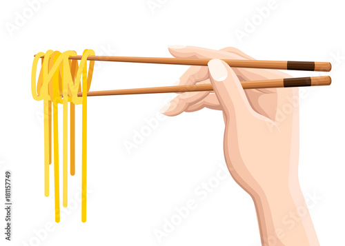 Chopsticks holding Chinese noodles. Isolated on white background. Modern logotype design vector illustration