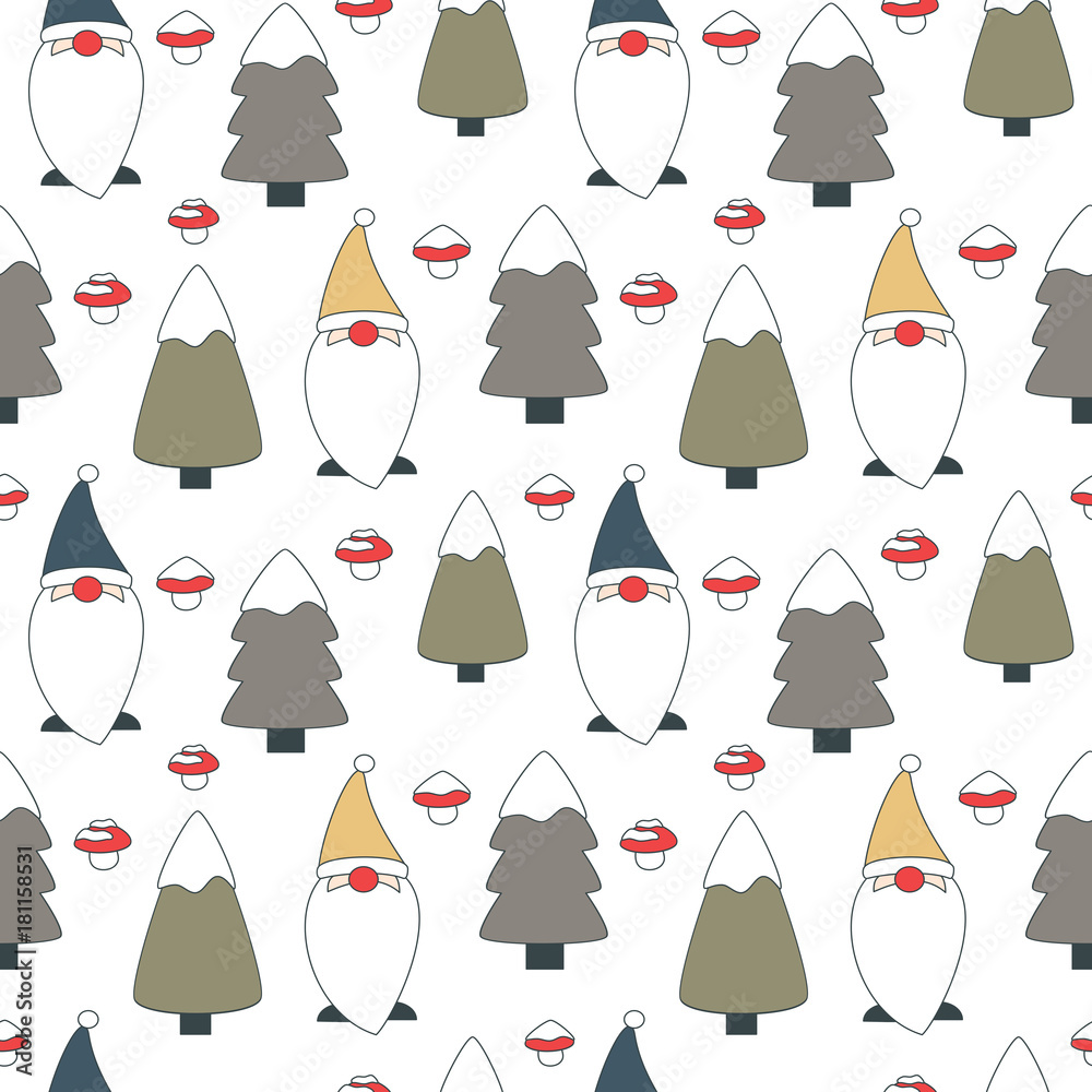cute lovely cartoon seamless vector pattern background illustration with gnomes, trees with snow and mushrooms