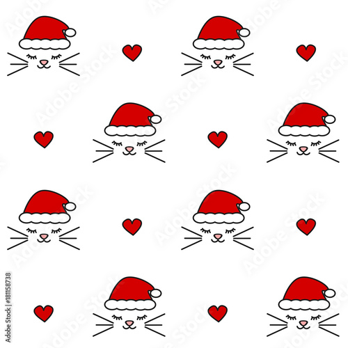 cute lovely christmas seamless vector pattern background illustration with cats with santa's hat and hearts