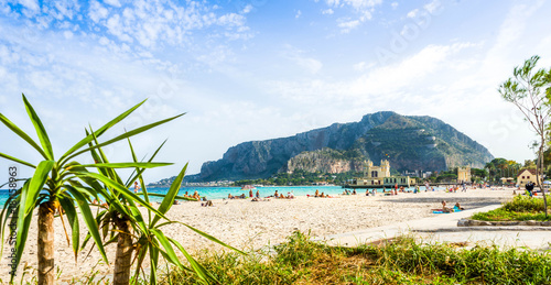 Mondello beach palms and moutains, Sicily, Italy © AnneSophie