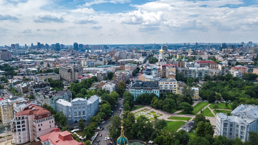 Aerial top view of Kyiv cityscape, Podol historical district skyline from above, city of Kiev, Ukraine
