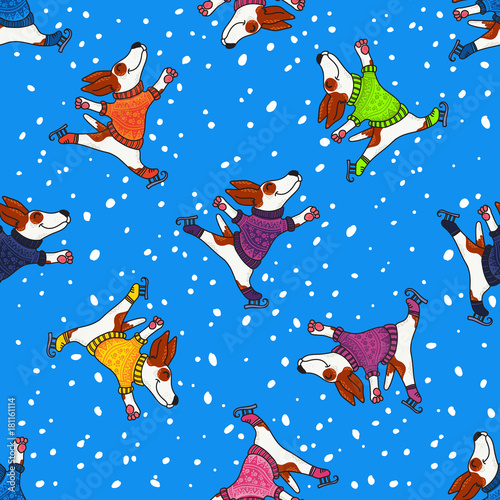 Winter greeting design with dogs in colorful sweaters