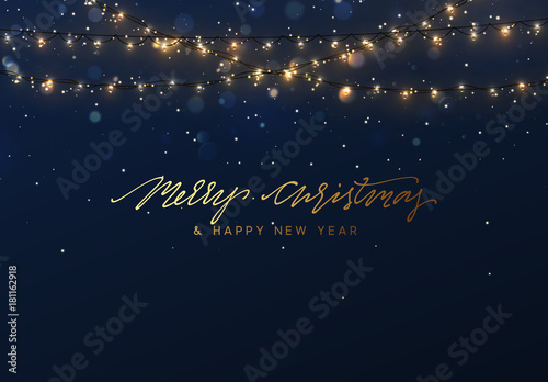 Christmas background with bright realistic garlands. Christmas glowing lights. Xmas Holiday. Greeting cards design