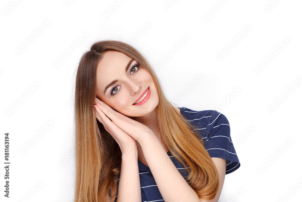 Beauty portrait of young adorable fresh looking blonde woman in blue t shirt. Emotion and facial expression concept. Beauty portrait of young adorable fresh looking blonde woman in blue t shirt. Emotion and facial expression concept.
