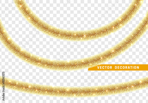 Christmas traditional decorations golden tinsel. Xmas ribbon garland isolated realistic decor element