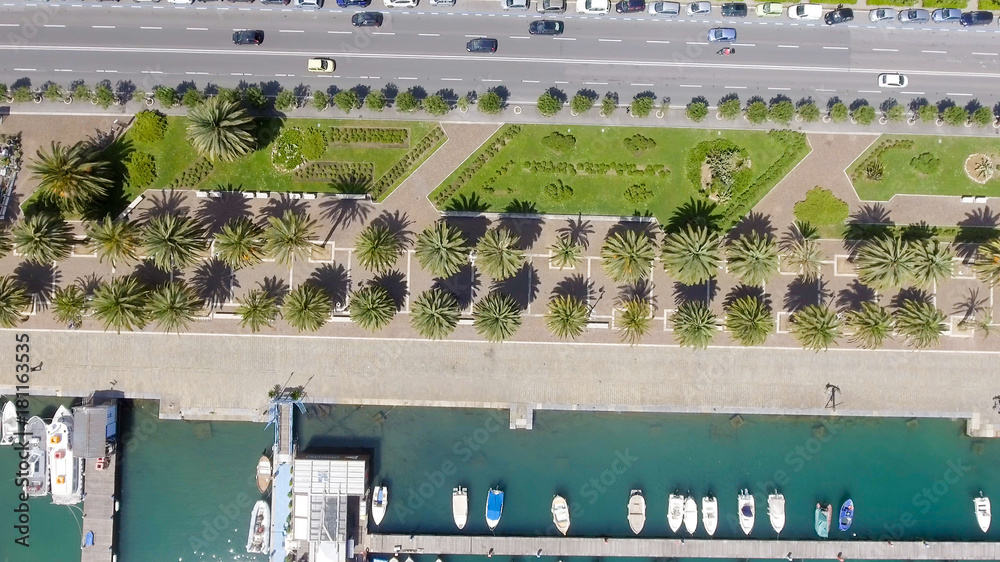 Overhead view of city port with docked boats Overhead view of city port with docked boats