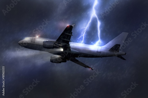 passenger airplane being hit by a lightning in a storm mid air