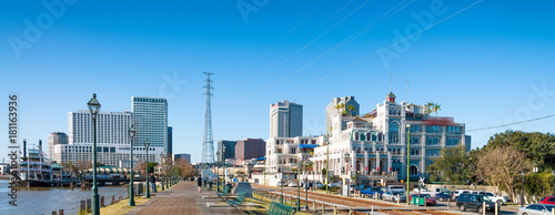 New Orleans skyline on a beautiful day from Mississippi river