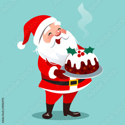 Vector cartoon illustration of happy Santa Claus standing holding traditional English Christmas fruit cake on a platter, isolated on aqua. Cristmas theme design element in flat contemporary style.