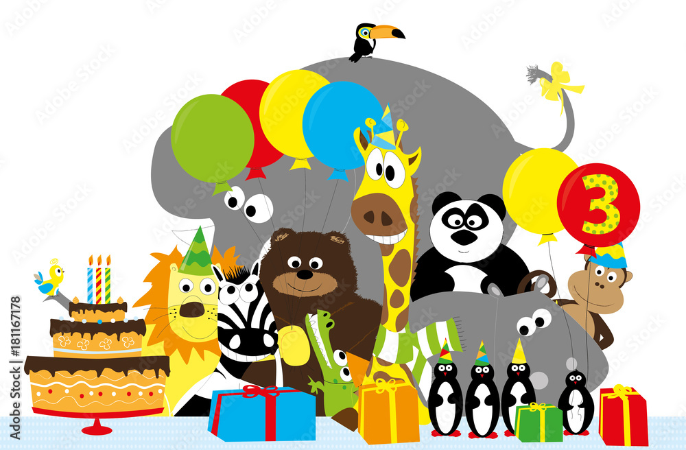 Naklejka premium birthday party vector illustration with happy animals,balloons and birthday cake with 3 candles / white background