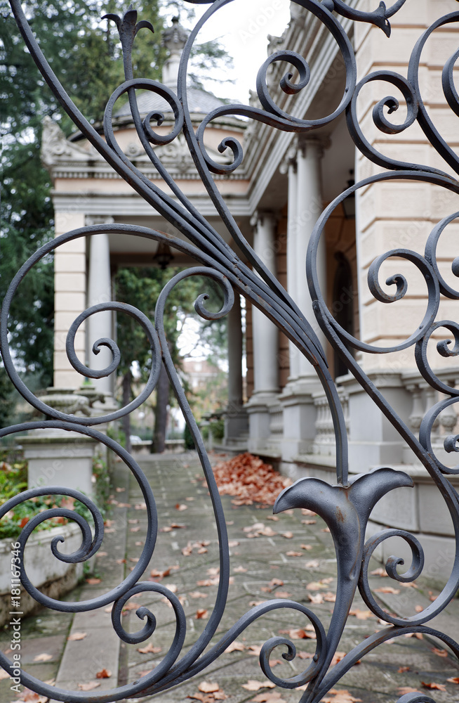 Iron gate and neoclassical house at background. Autumn environment. Iron gate and neoclassical house at background. Autumn environment.