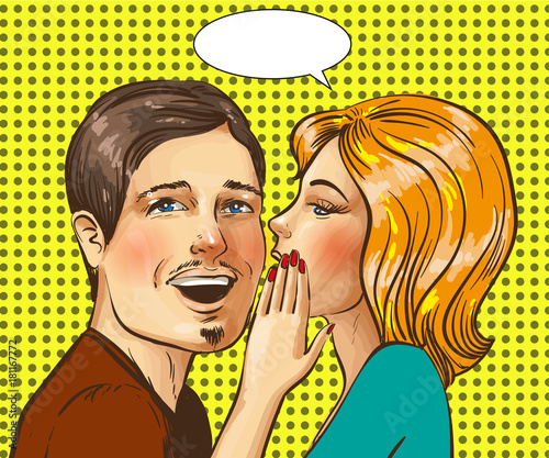 Vector pop art illustration of happy couple whispering