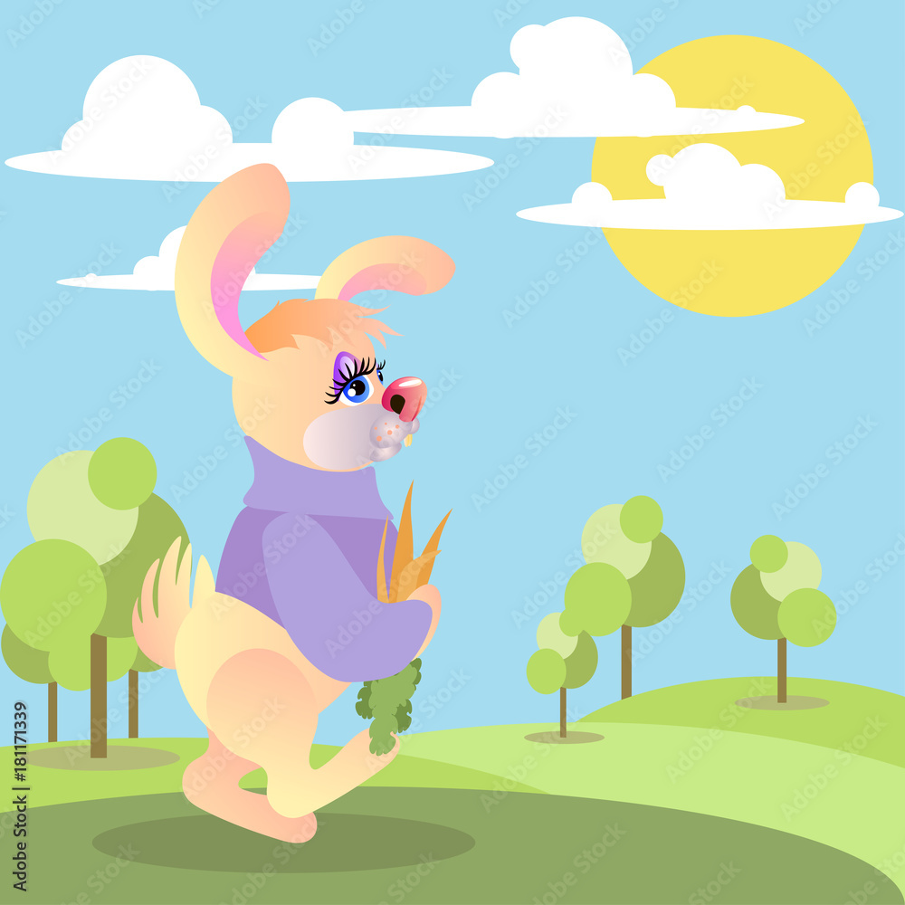 illustration of a cute cartoon rabbit in a forest illustration of a cute cartoon rabbit in a forest