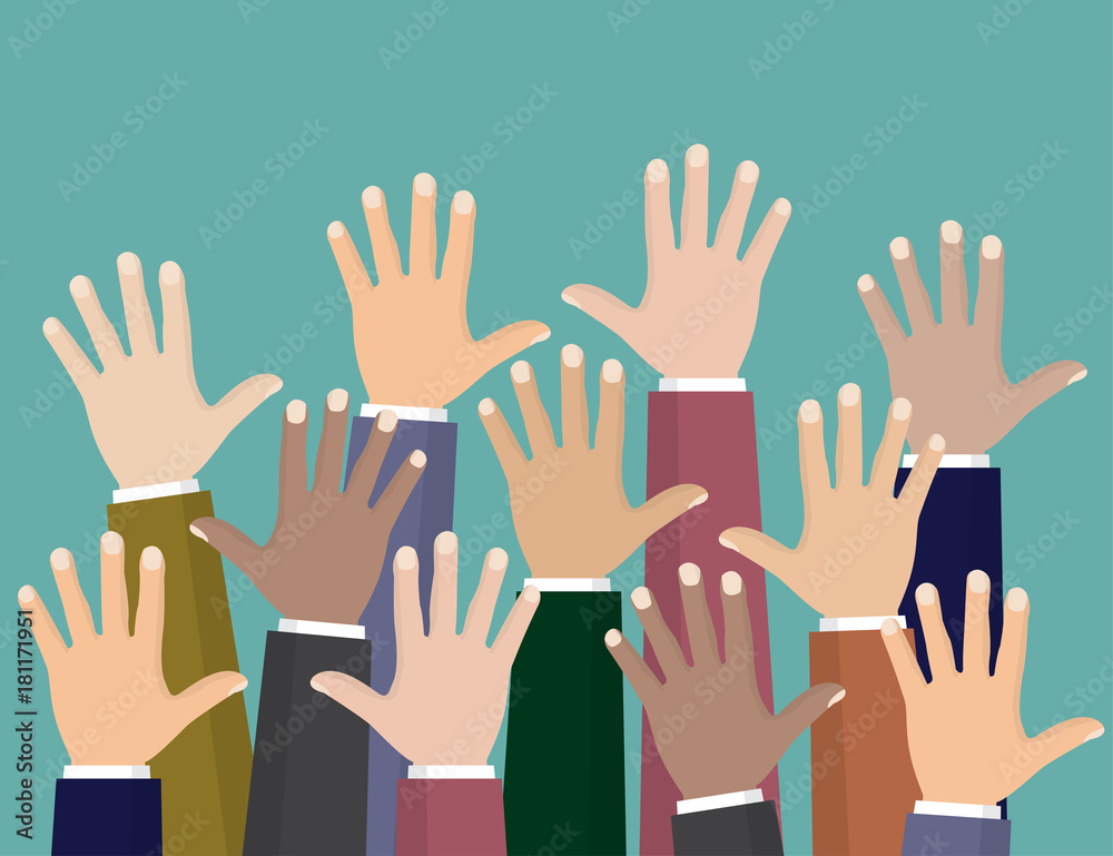 Fototapeta premium Raised up hands. Volunteering charity, concept of education, business training.