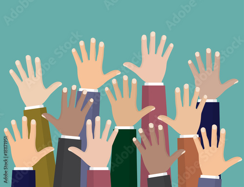 Raised up hands. Volunteering charity, concept of education, business training.