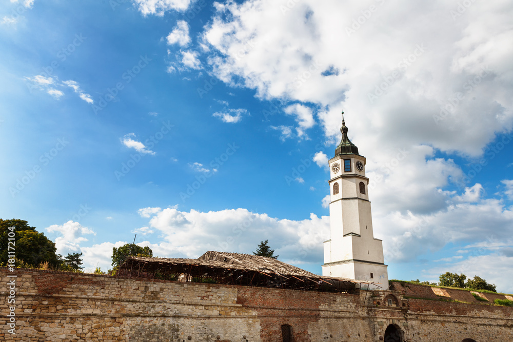 Sahat kula, the clock tower and gate of the Belgrade Kalemegdan fortress or Beogradska Tvrdjava, and a part of the outdoor exhibition of the Military Museum in Serbia