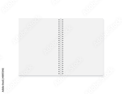 Vector realistic opened notebook. Vertical blank copybook with metallic silver spiral. Template of organizer or diary isolated.