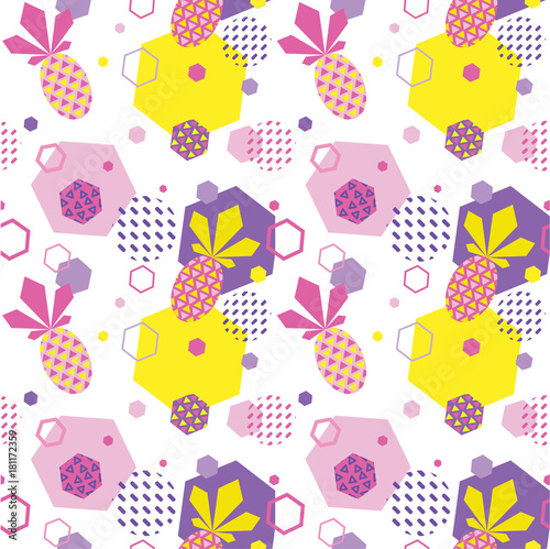Seamless color summer pattern with pineapple  trendy geometric memphis style vector background  bright fashion wallpaper